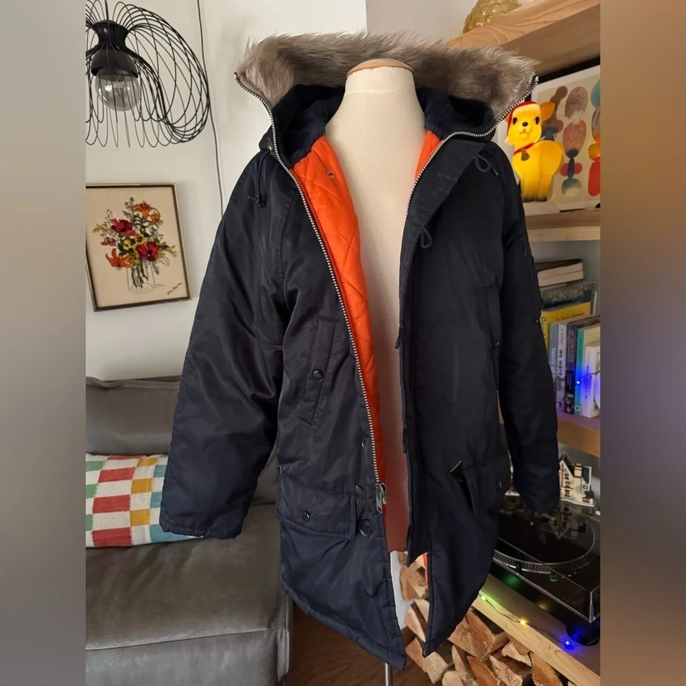 Men's 1970’s Sears Vintage Blue and Orange Snorkel Parka Coat